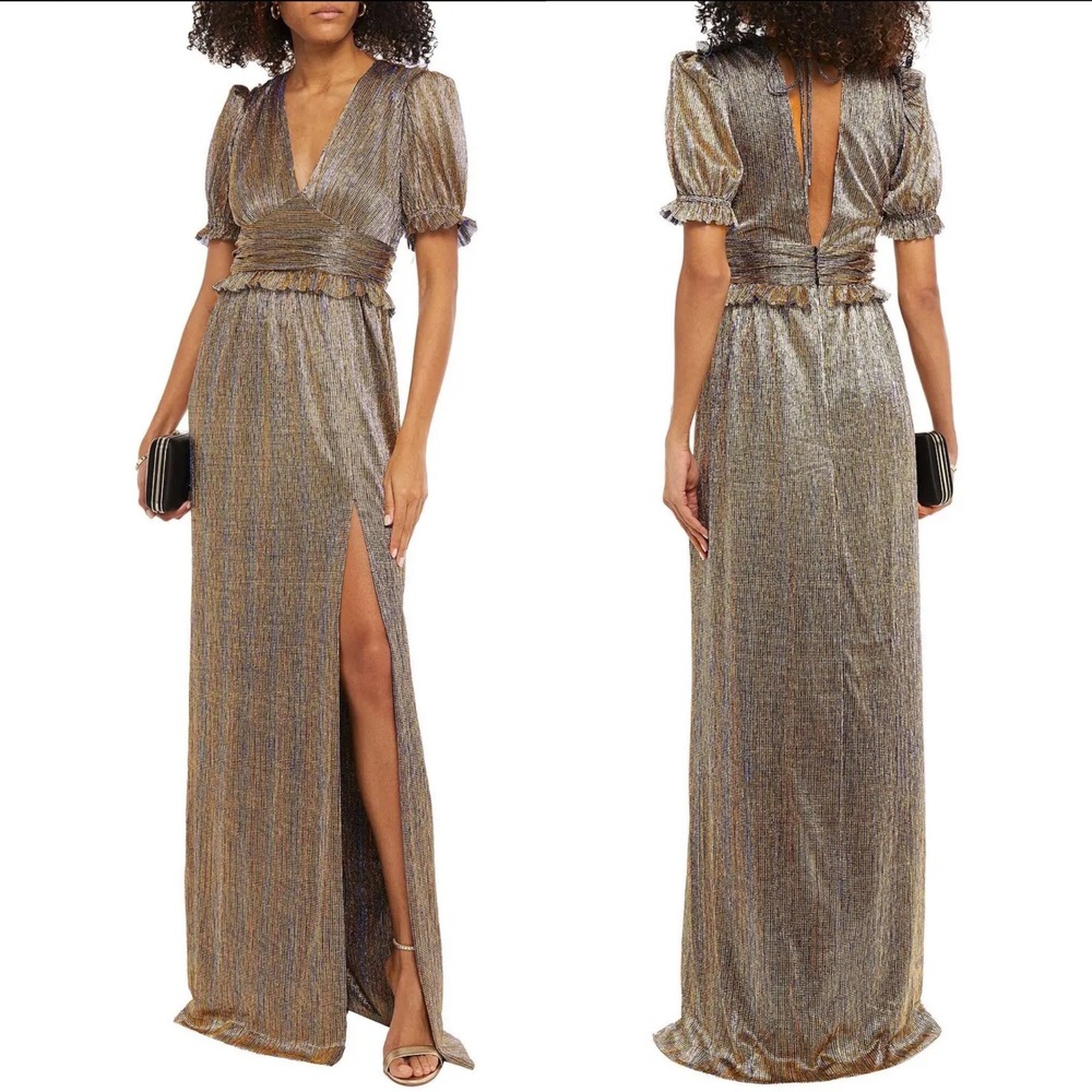 Rebecca Vallance Luna Metallic Puff Sleeve Open Back Maxi Dress Evening Gown 4